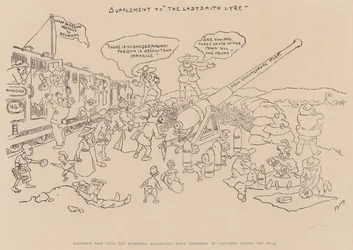 Faksimile-Seite aus der humorvollen illustrierten Zeitung, veröffentlicht in Ladysmith während der Belagerung (Lithografie)