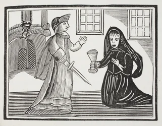 Die schöne Rosamunde wird von Königin Eleanor vergiftet, Illustration aus Chap-books des achtzehnten Jahrhunderts von John Ashton, veröffentlicht 1882
