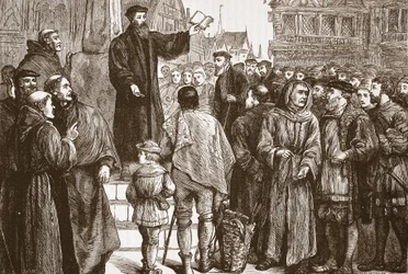 Farel predigt auf dem Marktplatz von Neuchatel, Illustration aus Die Geschichte des Protestantismus von James Aitken Wylie, veröffentlicht 1878