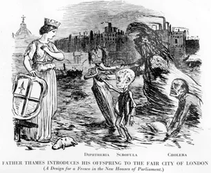 Vater Thames stellt seine Nachkommen der schönen Stadt London vor, die Nachkommen sind Diphtherie, Skrofulose und Cholera. Mehr ein offener Abwasserkanal als ein Fluss, der widerliche Zustand der Themse in London.