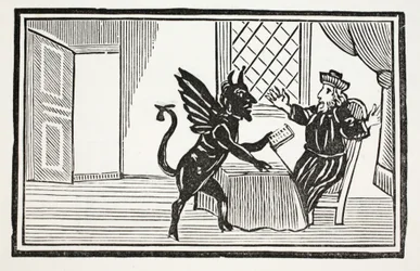 Faustus wird vom Geist gewarnt, sein Ende zu erwarten, Illustration aus Chap-books of the Eighteenth Century von John Ashton, veröffentlicht 1882