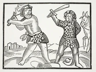 Ferragus erhebt eine mächtige Armee und belagert die Stadt Acquitain, Illustration aus Chap-books of the Eighteenth Century von John Ashton, veröffentlicht 1882