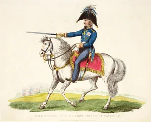 Feldmarschall von Blücher, Prinz von Wagstadt, veröffentlicht von Richard Evans, graviert von Romney, Illustration aus An Historical Account of the Battle of Waterloo von William Mudford, 1816