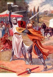 Kämpfende Ritter in Rüstung. Farbige Illustration aus dem Buch The Gateway to Tennyson, veröffentlicht 1910