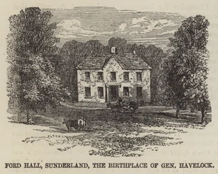 Ford Hall, Sunderland, der Geburtsort von General Havelock (Stich)