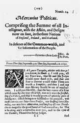 Titelseite von Mercurius Politicus, zur Verteidigung des Commonwealth und zur Information des Volkes, 1650