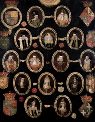 Stammbaum zur Abstammung Maria Stuarts, Königin von Schottland (1542-87), aus dem Hause Tudor und ihres Sohnes Jakob VI. von Schottland und I. von England (1566-1625), um 1603