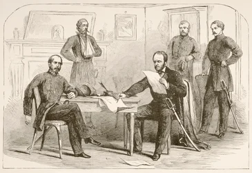 General Joseph Eggleston Johnston kapituliert die Armee von Tennessee an General William Tecumseh Sherman (Lithographie)