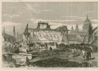 Gesamtansicht der Arbeiten für die London, Chatham und Dover Eisenbahnbrücke bei Blackfriars