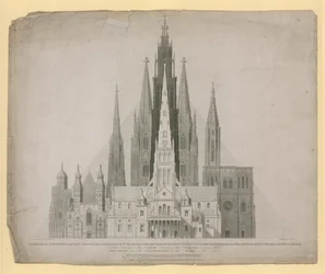 Geometrische Erhebungen der Westfronten der Kathedralen von St. Pauls, London (vor dem Brand) ... und der Großen Pyramide von Ägypten in einem Maßstab