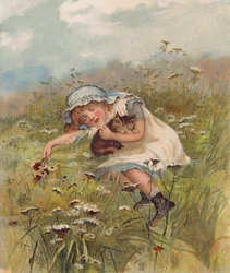 Mädchen und eine Katze schlafen auf einem Feld