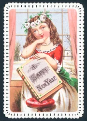 Mädchen hält Buch, Neujahrskarte