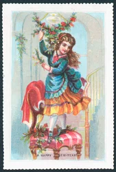 Mädchen steht auf einem Stuhl, Neujahrskarte
