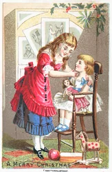 Mädchen spricht mit kleinem Kind im Hochstuhl, Weihnachtskarte