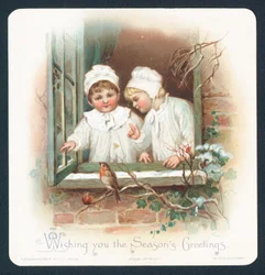 Mädchen im Nachthemd schauen auf Rotkehlchen aus dem Fenster, Weihnachtskarte