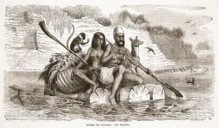 Auf dem Weg zum Markt - auf dem Wasserweg, Illustration aus der Bildausgabe des Lebens und der Entdeckungen von David Livingstone von J. Ewing Richie, veröffentlicht von A. Fullarton & Co., 1876