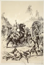 Gold-Eskorte von Busch-Rangern angegriffen, aus Die Geschichte von Australasien von David Blair, McGrady, Thomson und Niven, 1879