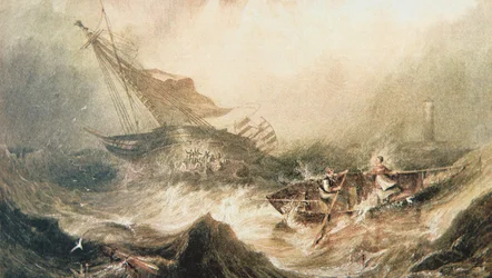 Grace Darling und ihr Vater rudern zur Rettung des vor der Küste von Northumberland gestrandeten Forfarshire (Aquarell)