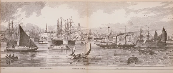 Großes Panorama von London, vom Fluss Thames aus in Richtung Shadwell, East India Docks und Limehouse, 1849