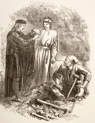 Hamlet hält den Schädel von Yorick, Illustration von Akt V, Szene I in Hamlet, aus 