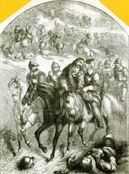 Hampden verwundet bei Chalgrove Field (Stich)