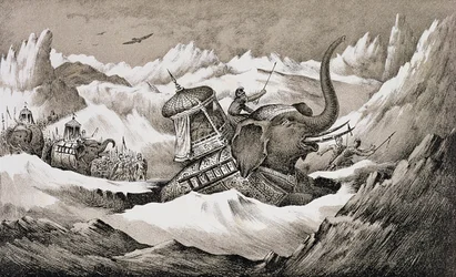 Hannibal (247-ca.183 v. Chr.) und seine Kriegselefanten überqueren die Alpen