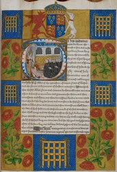 Harley 1498, f.1 Heinrich VII. überreicht die Urkunde an John Islip, Abt der Westminster Abbey, Urkunden der Westminster Abbey (Pergament)