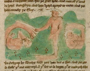 Eine farbige Zeichnung, die mythische Menschen aus Äthiopien darstellt, die mit nur einem Fuß geboren wurden (ein Sciopod), um sie vor der Sonne zu schützen, aus 
