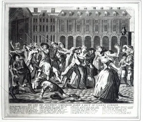 Er und seine betrunkenen Gefährten verursachen einen Aufruhr im Covent Garden, aus einer raubkopierten Serie basierend auf Hogarths 