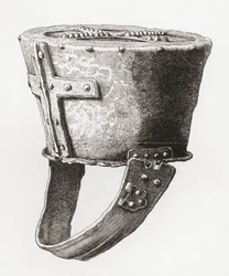 Helm, aus Schloss Pomeroy, England, aus dem 12. Jahrhundert, aus Die britische Armee: Ihre Ursprünge, Fortschritte und Ausrüstung, veröffentlicht 1868.