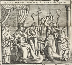 Heinrich IV. Kaiser übergibt seine Krone dem Papst, Illustration aus Acts and Monuments von John Foxe, neunte Ausgabe, veröffentlicht 1684