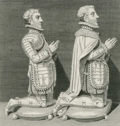 Henry Stuart, Lord Darnley und sein Bruder Charles Stuart, Earl of Lennox, kniend vor dem Grab ihrer Mutter in der Westminster Abbey, graviert von Andrew Birrell, 1796