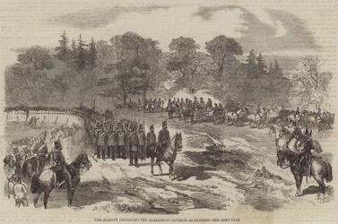 Ihre Majestät inspiziert die Aldershott-Division in Frimley (Gravur)