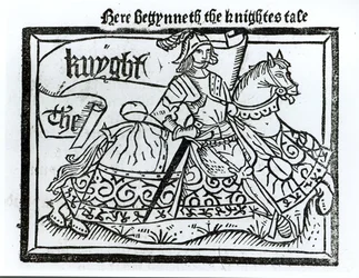 Hier beginnt die Geschichte des Ritters, Illustration aus den Canterbury Tales von Geoffrey Chaucer (ca. 1345-1400) gedruckt von William Caxton (ca. 1422-91) 1434