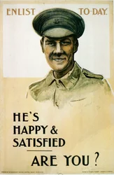 Er ist glücklich und zufrieden - Bist du es?, britisches Rekrutierungsplakat aus dem Ersten Weltkrieg, 1914-18
