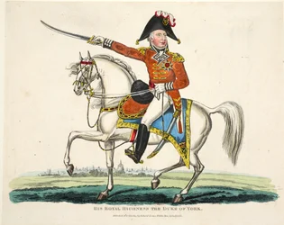 Seine Königliche Hoheit, der Herzog von York, veröffentlicht von Richard Evans, graviert von Romney, Illustration aus An Historical Account of the Battle of Waterloo von William Mudford, 1816