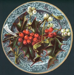 Stechpalme und Mistel auf einem Teller, Weihnachtskarte