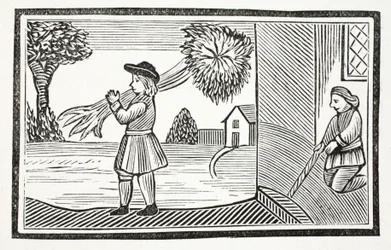 Wie Tom Hickathrifts große Stärke bekannt wurde, Illustration aus Chap-books des achtzehnten Jahrhunderts von John Ashton, veröffentlicht 1882