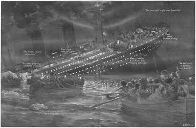 Wie die Titanic allmählich mit brennenden Lichtern zuerst mit dem Bug sank, aus The Sphere, 27. April 1912