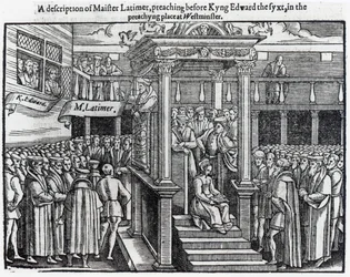 Hugh Latimer (ca. 1485-1555) predigt vor König Edward VI (1537-53) in Westminster im Jahr 1547, aus 