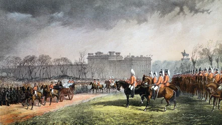 Hyde Park - Die Prinzessin passiert die Reihen der Freiwilligen, 7. März 1863, aus Ein Gedenkbuch zur Hochzeit von Edward VII. und Alexandra von Dänemark, veröffentlicht 1864