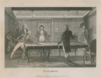 Illustration, die eine Gruppe von Männern beim Billardspielen darstellt