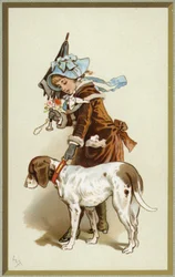 Illustration eines jungen Mädchens, das einen Hund spazieren führt