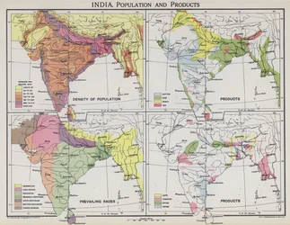 Indien, Bevölkerung und Produkte (Farblithografie)