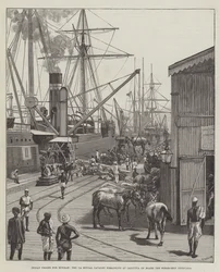 Indische Truppen für Birma, die 7. Bengalische Kavallerie geht in Kalkutta an Bord des Dampfschiffs Nerbudda (Gravur)