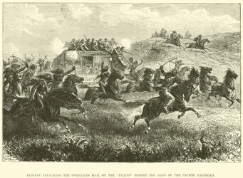 Indianer greifen die Overland Mail auf den Ebenen vor den Tagen der Pazifik-Eisenbahn an