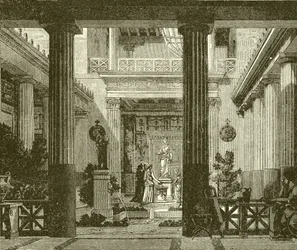 Innenhof eines griechischen Hauses mit einer Statue der Göttin Hestia