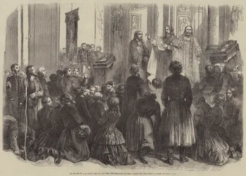 Innenraum einer russischen Kirche während der Verlesung des Ukase zur Befreiung der Leibeigenen