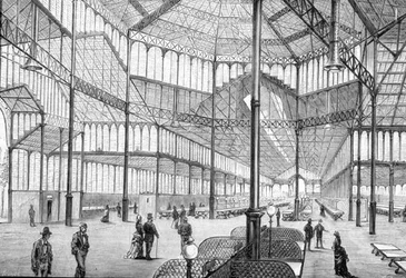 Innenansicht des kürzlich fertiggestellten Borne-Marktes, Barcelona, in den späten 1800er Jahren (Gravur)