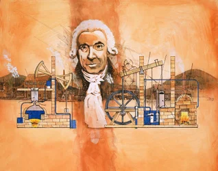 James Watt mit Brennöfen und mechanischen Pumpen im Hintergrund